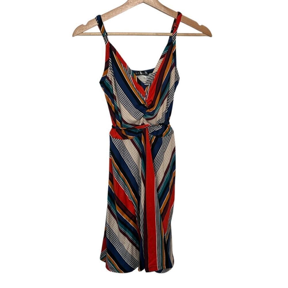 Venus Multicolor Striped Sleeveless Self Tie Waist Sundress Short Dress Size S - Picture 3 of 7